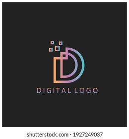 letter D logo digital illustration, colorful lines, dark background vector design.