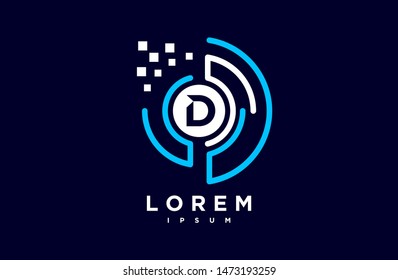 letter D logo. digital technology template vector logotype, pixel and circle line style. black, white and blue color.