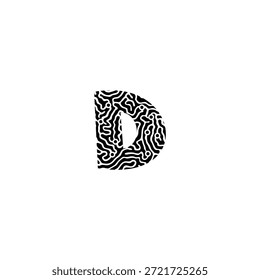 Buchstabe D-Logo, das durch Schaltungslinien und Punkte gebildet wird. Vektordesign, das künstliche Intelligenz, neuronale Netzwerke, Konnektivität und ethische Technologie darstellt