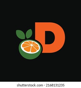 Letter D logo and fresh citrus fruit in modern style. With dark background