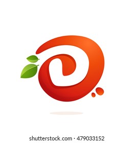 Letter D logo in fresh juice splash with green leaves. Vector elements for natural application, ecology presentation, business card or cafe posters.