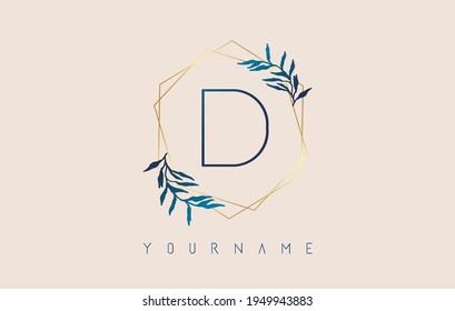 Logo de la letra D con marcos de polígono dorado y diseño de hojas azul gradiente. Ilustración vectorial de lujo con letra D y hoja de gradiente azul.