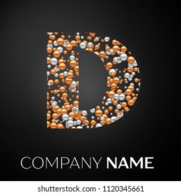 Letter D logo gold-silver dots. Alphabet logotype with abstract golden-silver bubbles shape on black background. Vector template for your design
