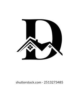Letter D logo with House icon, Initial letter D house logo silhouette