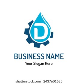 Letter D Logo Idea for Water Repair, Water Maintenance. Simple Modern Plumbing Service Logo with Water Drop and Gear