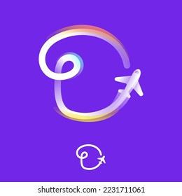 Letter D logo made of one gradient line with plane icon and rainbow shine. Overlapping multicolor emblem. Ideal for colorful travel app, delivery design, aviation advertising, flight identity.