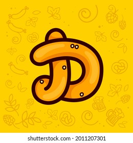 Letter D logo made of pretzel. Hand-drawn with Oktoberfest pattern on background. Perfect to use in any German restaurant advertising, party posters, appetizer identity, etc.
