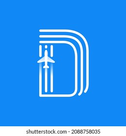 Letter D logo is made of three parallel lines with a plane icon. Vector emblem for a travel app, jet company identity, and shipping advertising.