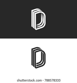 Letter D logo monogram isometric lines geometric shape, creative idea perspective outline DDD initials symbols, modern typography design element template.