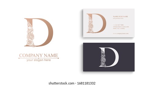 Logotipo o monograma de la letra D. Para su negocio. Signo vectorial. Estilo floral, bellas rosas. Logo personal.
