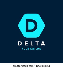 letter D logo on a polygon blue background. Initial letter uppercase polygon shape negative design logo.