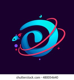 Letter D logo with planet, rocket and orbits lines. Bright vector design for science, biology, physics, chemistry company.