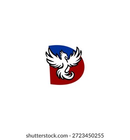 Logotipo de la letra D en forma de ave fénix en ascenso. Símbolo de Vector audaz para renacer, fortaleza, seguro y marca de empresa de inversión