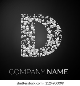 Letter D logo silver dots. Alphabet logotype with abstract silver bubbles shape on black background. Vector template for your design