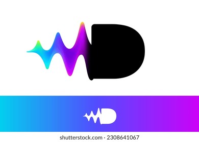 Logo de la letra D con flujo de ondas sonoras. Efecto de desperfecto de línea vibrante. Icono de degradado de neón multicolor. Fuente vectorial para la etiqueta de audio, publicidad multimedia de la empresa, afiches para DJ, pantallas de juego, identidad musical.