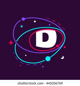 Letter D logo in space orbits, stars and and planets. Colorful vector design for app icon, corporate identity, card, labels or posters.