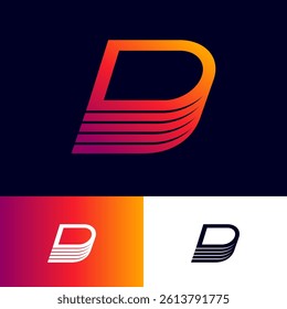 Letter D logo with strips. Gradient D monogram with 3D imitation.

Emblem can use for logistic or transportation, delivery, business, online shop.