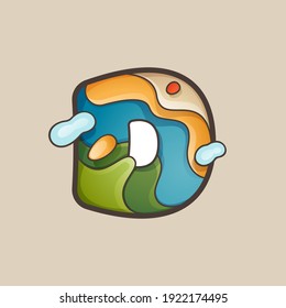 Letter D logo with topographic map line pattern. Outdoor adventure emblem with mountain, ocean, hills, forest, desert, and clouds.