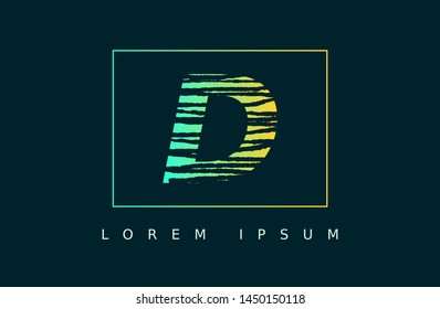 Letter D logo vector with green line box. wood texture style