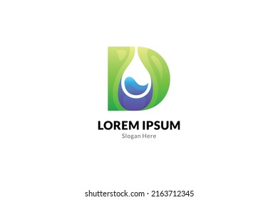 Letter D logo and water drops. 3d design style with abstract, organic, mature and modern concept.