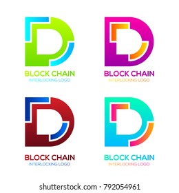 Letter D logos Colorful Shape with Blockchain Technology and Abstract Interlocking, Bitcoin Cryptocurrency data, Digital connect link network Concept