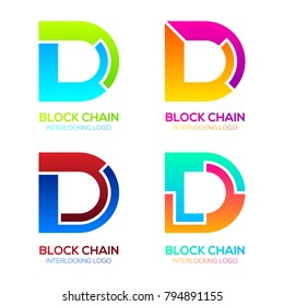 Letter D logos Colorful shape with Blockchain Technology and Abstract Interlocking, Bitcoin Cryptocurrency data, Digital connect link network Concept