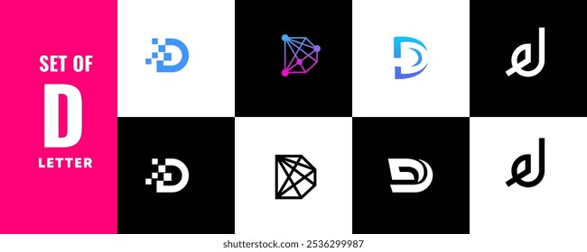 Conjunto de iconos de logotipos de letra D. utilizado para negocios, tecnología, lujo, deporte, juegos, Web. Logotipo de la letra D