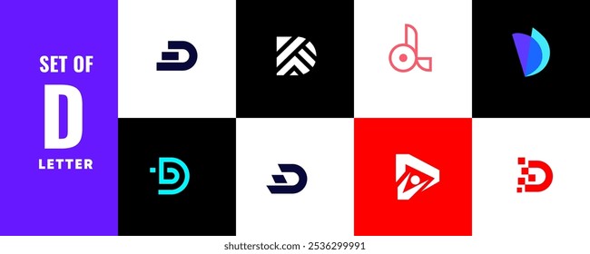 Conjunto de iconos de logotipos de letra D. utilizado para negocios, tecnología, lujo, deporte, juegos, Web. Logotipo de la letra D