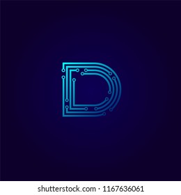 Letter D logotype Light blue neon Logo design template, Technology and digital abstract dot connection cross  vector concept logo