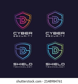 Logotipo de letra D con puntos de línea y logotipo de seguridad de ciberprotección Empresa comercial de tecnología digital