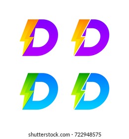 Letter D logotype set with Thunder Electric logo, Energy, Power, Flash, Lighting Bolt colorful concept for your Corporate identity vector design template