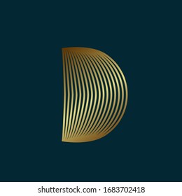 Letter D logo.Typographic icon isolated on dark background.Golden metal decorative lines lettering sign.Uppercase alphabet initial.Modern,elegant,luxury style character shape for company brand.