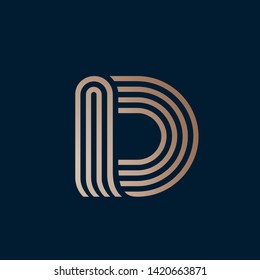 Letter D logo.Typographic icon with uppercase alphabet initial.Lettering sign in golden metallic color isolated on dark blue background.Modern, geometric style.