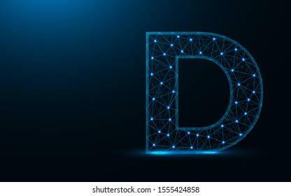 Letter D low poly design, alphabet abstract geometric image, font wireframe mesh polygonal vector illustration made from points and lines on dark blue background