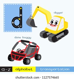 Letter D lowercase children colorful transportations ABC alphabet tracing flashcard for kids learning English vocabulary and handwriting Vector Illustration.