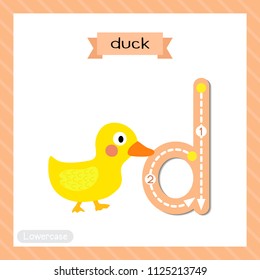 Letter D lowercase cute children colorful zoo and animals ABC alphabet tracing flashcard of Duck for kids learning English vocabulary and handwriting vector illustration.