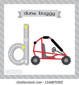 Letter D lowercase cute children colorful transportations ABC alphabet tracing flashcard of Dune Buggy for kids learning English vocabulary and handwriting Vector Illustration.