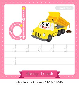 Letter D lowercase cute children colorful transportations ABC alphabet tracing practice worksheet of Dump Truck for kids learning English vocabulary and handwriting Vector Illustration.
