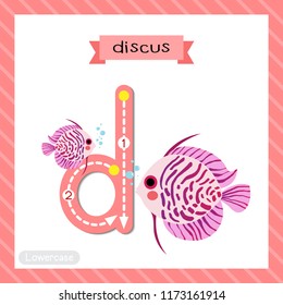Letter D lowercase cute children colorful zoo and animals ABC alphabet tracing flashcard of Purple Discus Fish for kids learning English vocabulary and handwriting vector illustration.