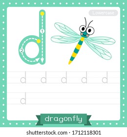 Kleinbuchstabe D süße Kinder bunter Zoo und Tiere ABC-Alphabet Ablaufpraxis Arbeitsblatt Dragonfly Insekt für Kinder lernen Englisch Vokabular und handschriftlich Vektorgrafik.