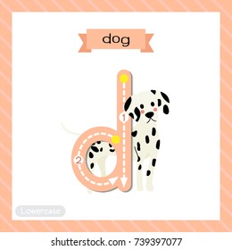 Letter D lowercase cute children colorful zoo and animals ABC alphabet tracing flashcard of Standing Dog for kids learning English vocabulary and handwriting vector illustration.