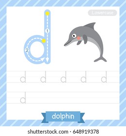 Letter D lowercase tracing practice worksheet with dolphin for kids learning to write. Vector Illustration.