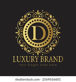 Letter D luury gold logo concept brand logo design with a royal gold crown embxlem and elegant typography
