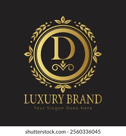 Letter D Luxury brand logo design with a royal gold crown emblem and elegant typography
