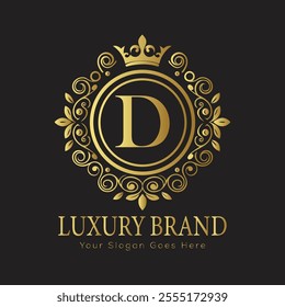 Letter D luxury gold logo concept brand logo design with a royal gold crown emblem and elegant typography
