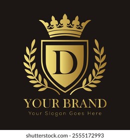 Letter D luxury gold logo concept brand logo design with a royal gold crown emblem and elegant typography
