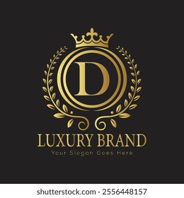 Letter D luxury gold logo concept brand logo design with a royal gold crown emblem and elegant typography
