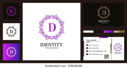Letter D luxury ornament flower frame logo template design with business card.