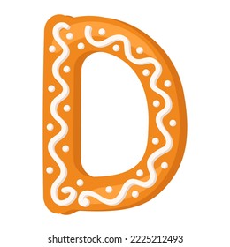Letter D made from glazed gingerbread. Festive font, symbol of Happy New Year and Christmas, sign and letters of different shapes. Vector flat illustration