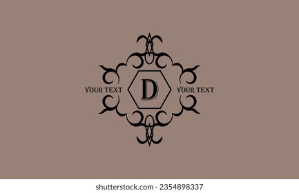 La letra D está hecha al estilo retro. Lujoso y elegante adorno con elementos étnicos. Ejemplos de diseño para cafés, hoteles, joyería, moda, restaurante
